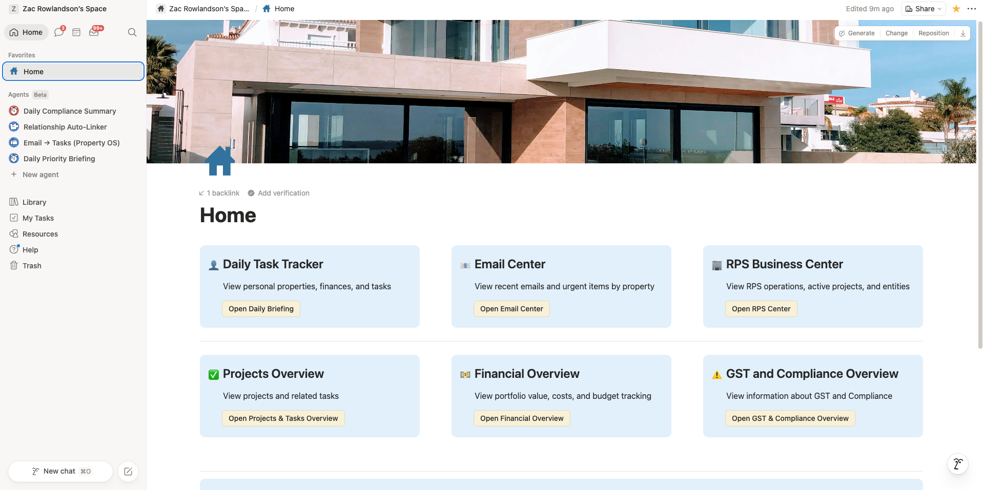 Notion productivity system for property developers managing compliance, projects, finances, and multiple entities in one dashboard