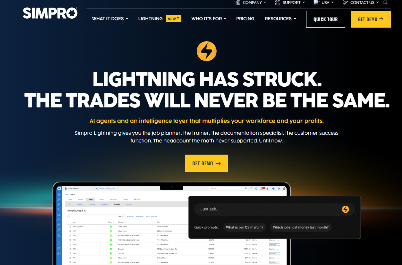 Website promoting SimPRO Lightning features